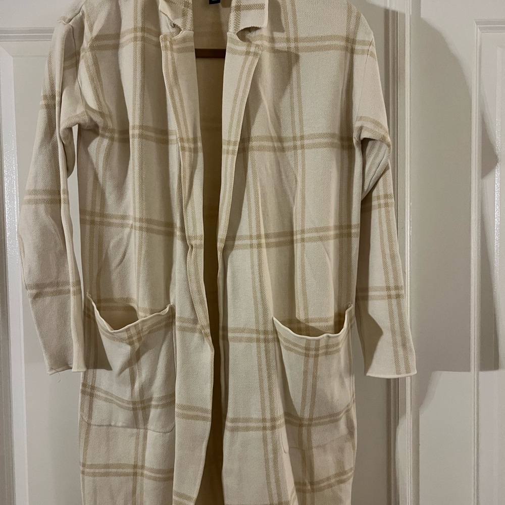 G Giuliana Jacquard Sweater Knit Duster Cardigan Ivory Plaid PS like new